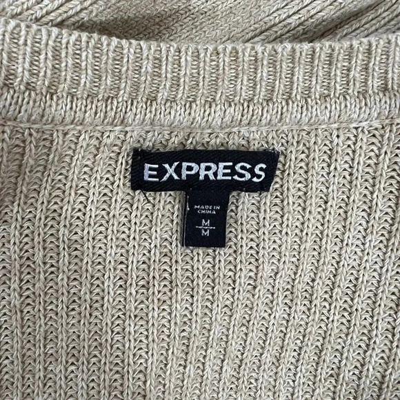 Express Slouchy Short Sleeve Sweater Tan Sand Oatmeal Knit Balloon Sleeve Medium - Picture 6 of 6